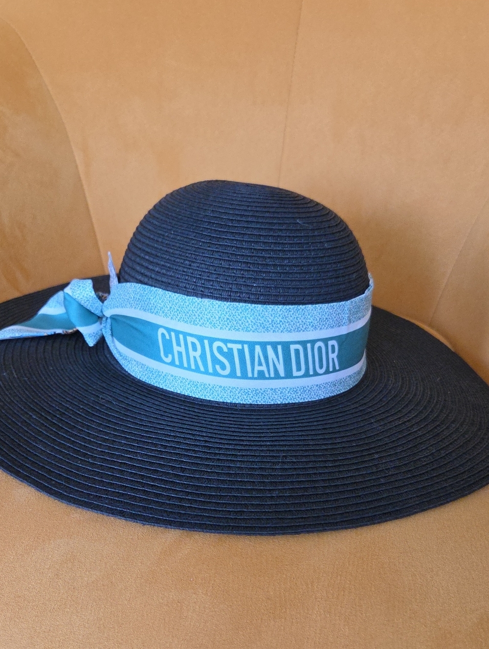 Dior Black Straw Sun Hat with Teal Logo Band
